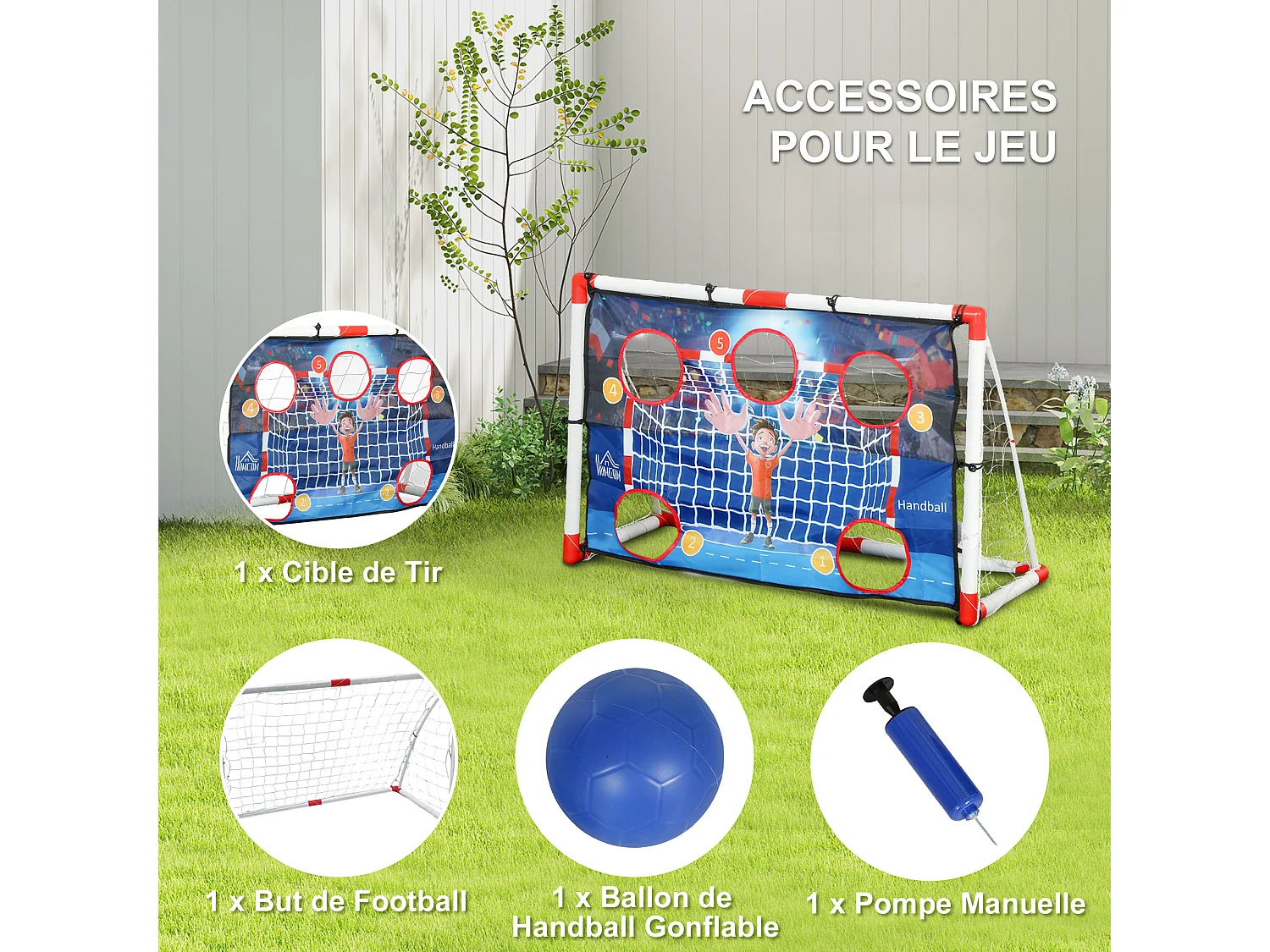 Cage de handball enfant 5 zones cibles - balle, pompe, piquets inclus - blanc rouge