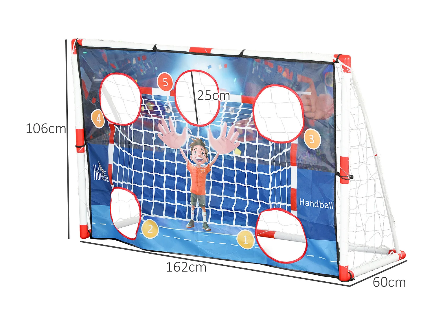 Cage de handball enfant 5 zones cibles - balle, pompe, piquets inclus - blanc rouge