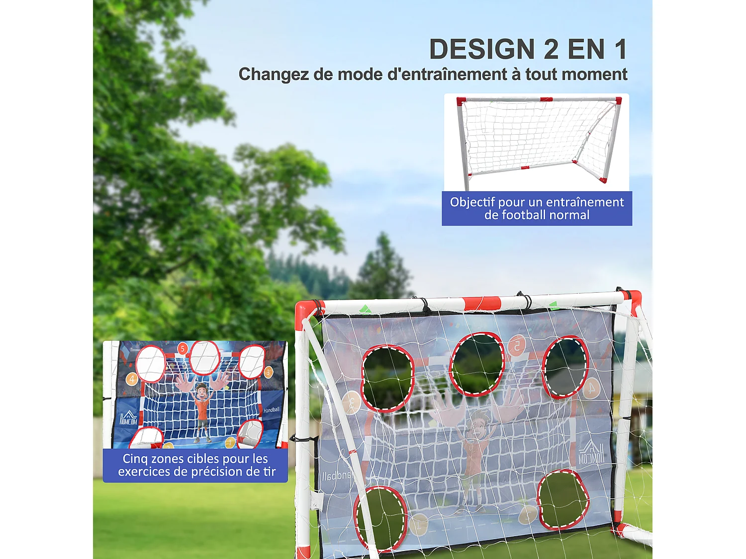 Cage de handball enfant 5 zones cibles - balle, pompe, piquets inclus - blanc rouge
