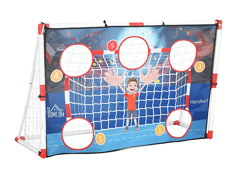 Cage de handball enfant 5 zones cibles - balle, pompe, piquets inclus - blanc rouge