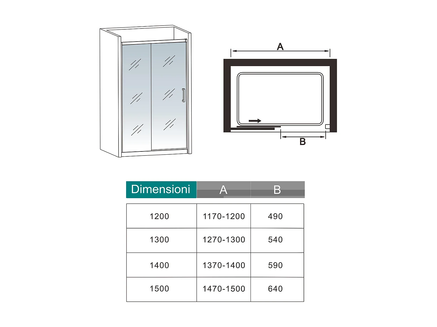 120x195 cm Box Doccia Per Nicchia Porta Scorrevole in Vetro 8 mm Temperato Trasparente Anticalcare Profilo Nero Opaco Softclose