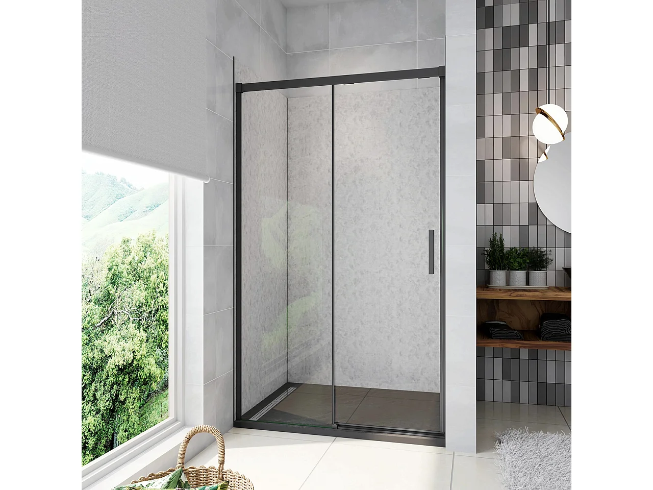 120x195 cm Box Doccia Per Nicchia Porta Scorrevole in Vetro 8 mm Temperato Trasparente Anticalcare Profilo Nero Opaco Softclose