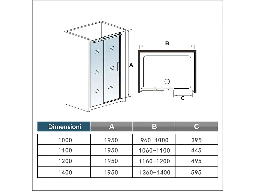 120x195 cm Porta Doccia Per Nicchia Anta Scorrevole Ingresso Laterale in Vetro 8 mm Temperato Trasparente Anticalcare Cromato Lucido