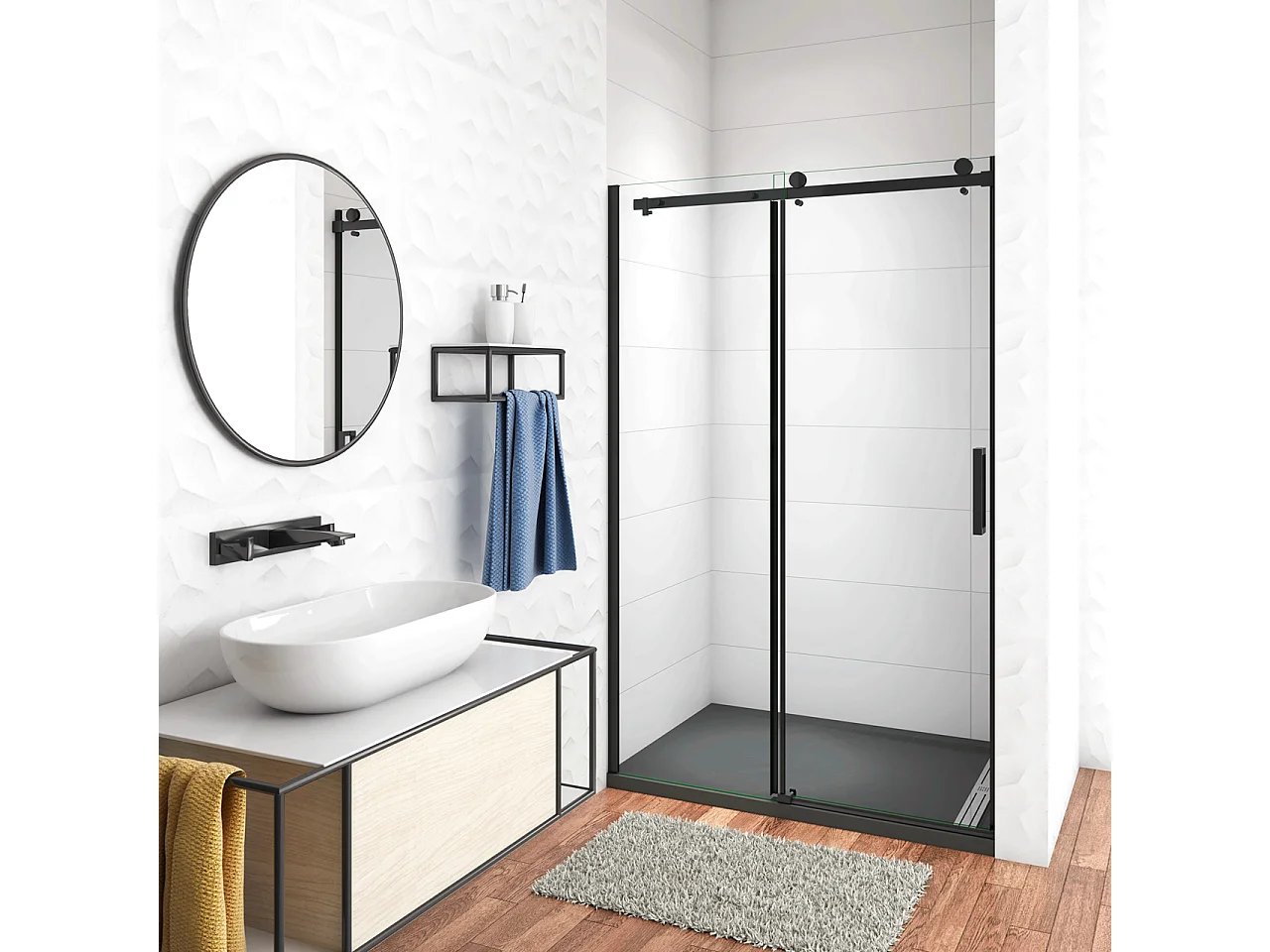 110x200 cm Box Doccia Per Nicchia Porta Scorrevole Ingresso Laterale in Vetro 8 mm Temperato Trasparente Anticalcare Telai in Alluminio Nero Opaco