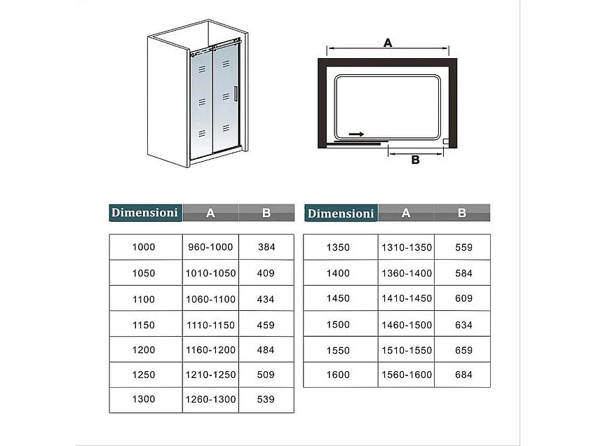 110x200 cm Box Doccia Per Nicchia Porta Scorrevole Ingresso Laterale in Vetro 8 mm Temperato Trasparente Anticalcare Telai in Alluminio Nero Opaco