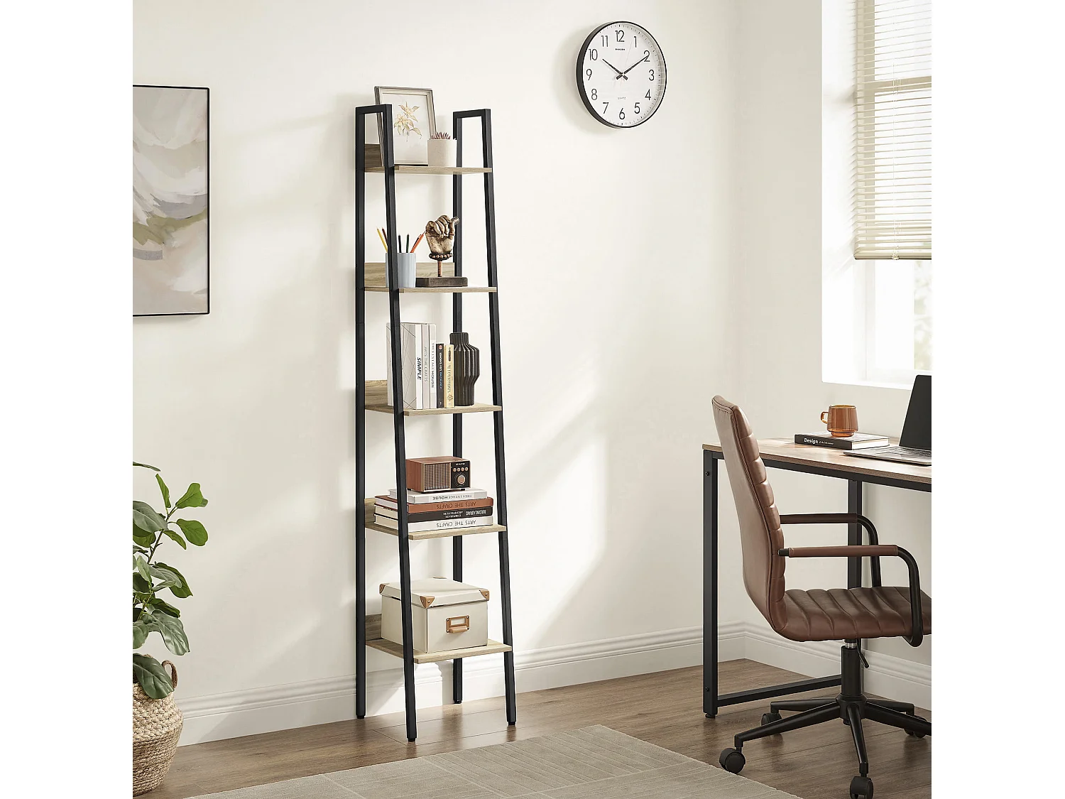 Valora Bücherregal SONOMA, 5-stöckiges schmales Bücherregal aus Spanplatte und Stahl