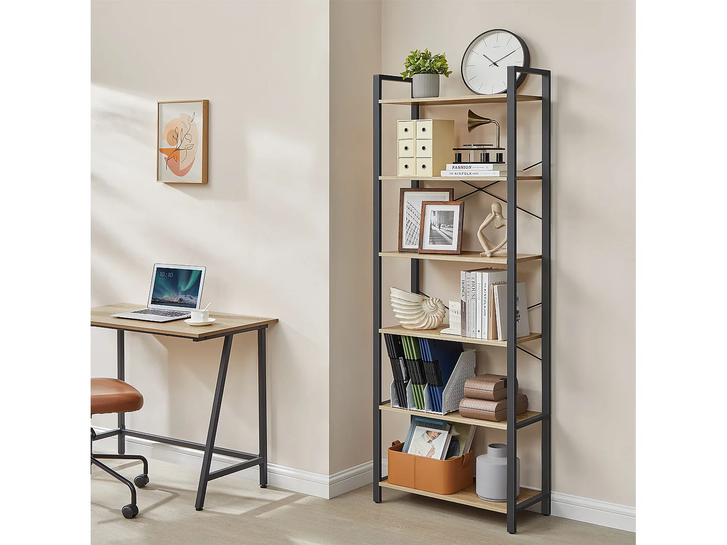 Valora Bücherregal Sonoma 6 Ebenen Spanplatte/Stahl Wohnzimmer