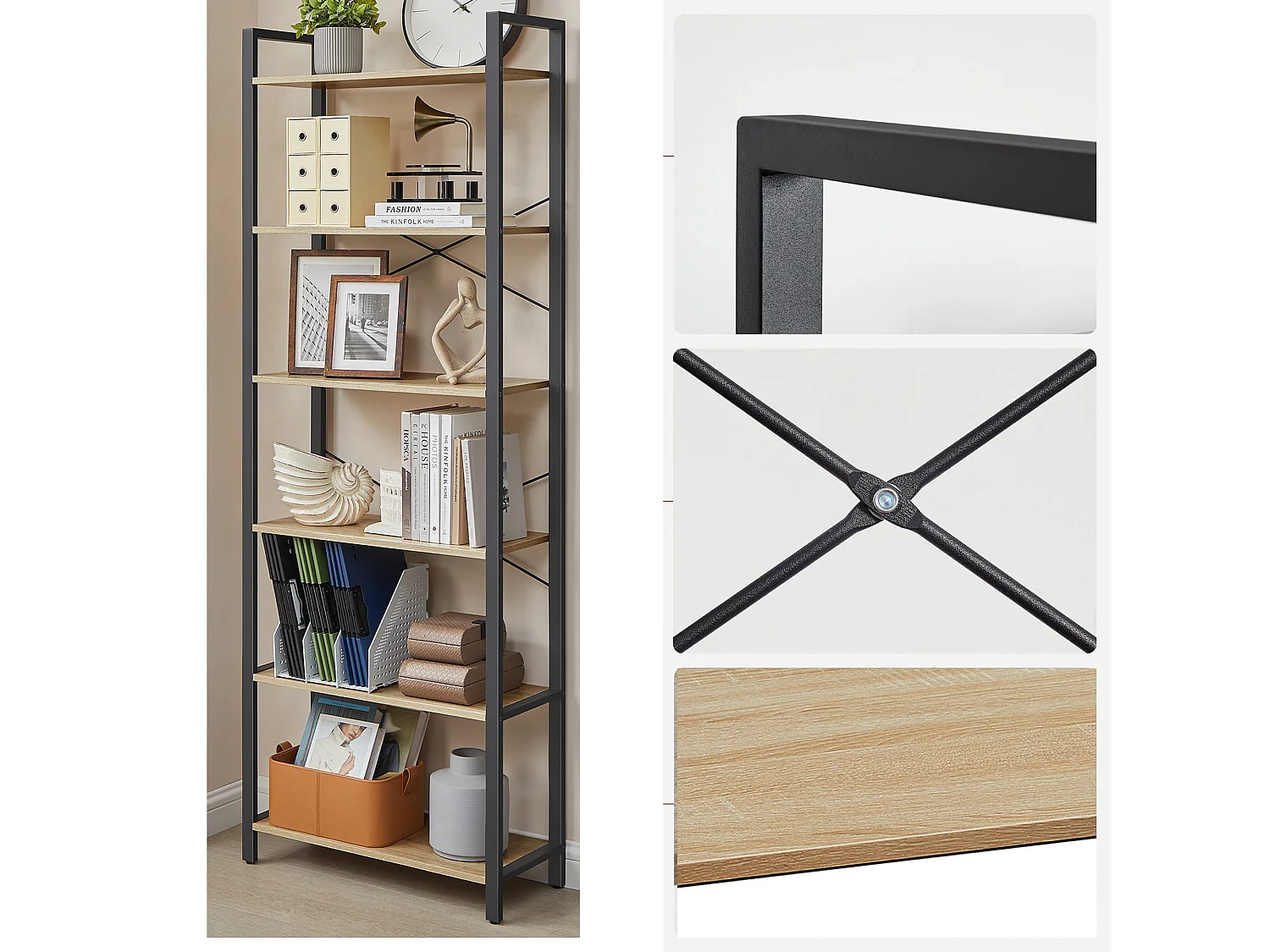 Valora Bücherregal Sonoma 6 Ebenen Spanplatte/Stahl Wohnzimmer