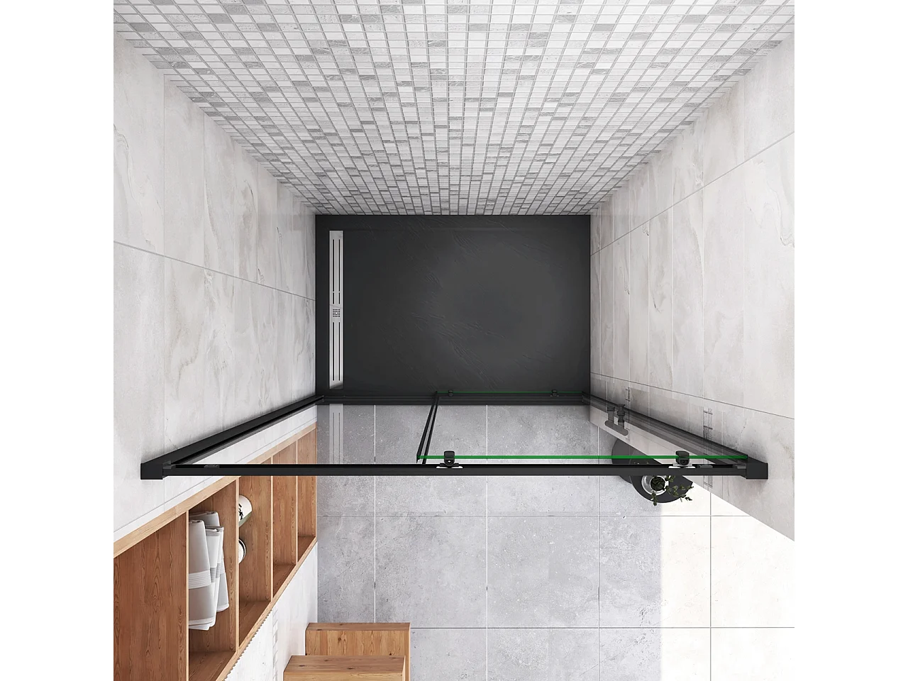 140x185 cm Box Doccia Per Nicchia Porta Scorrevole Ingresso Laterale in Vetro 5 mm Temperato Trasparente Profilo Nero Opaco