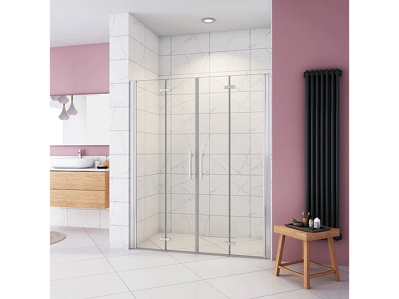 Box Doccia in Linea per Nicchia 195 cm Doppia Porta Battente 4 Ante Pieghevoli Saloon Vetro Temperato 6 mm Anticalcare 135 cm (1318-1358 mm)