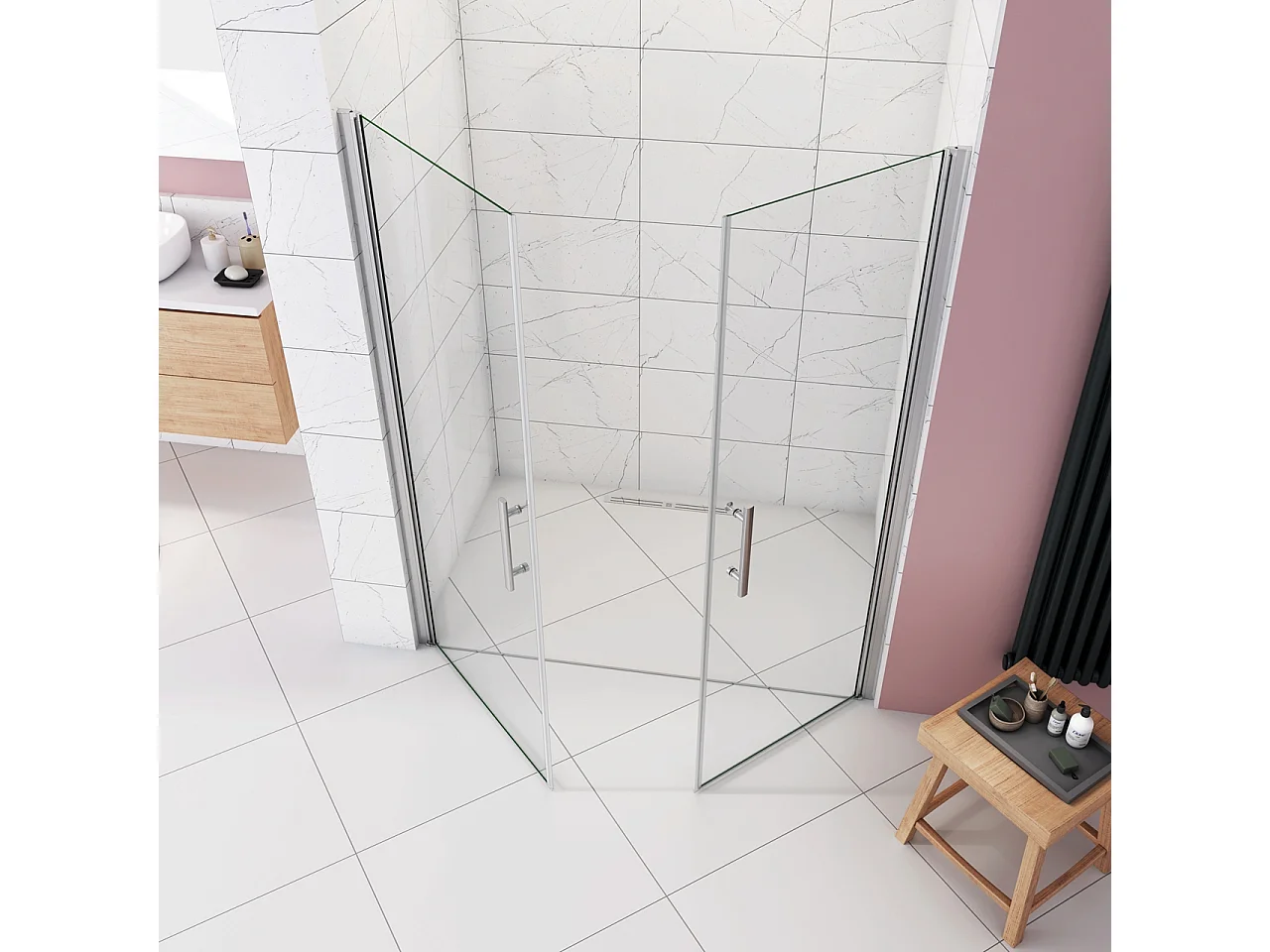 Box Doccia per Nicchia 195 cm Doppia Porta Battente Saloon Vetro Temperato 6 mm Anticalcare Larga 145 cm(70+80: 1418-1458 mm)