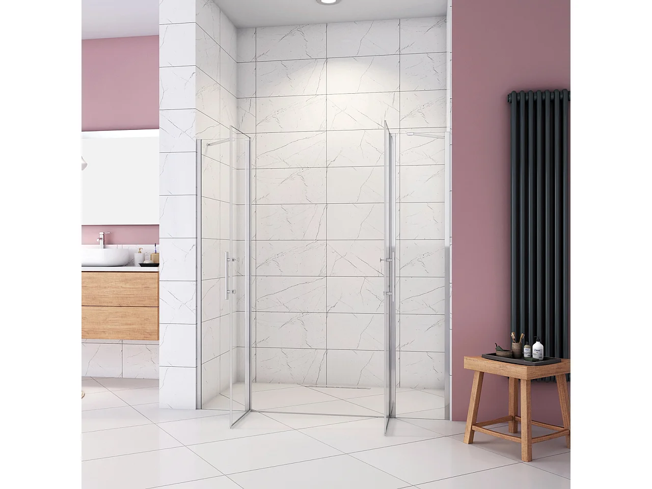 Box Doccia per Nicchia 195cm Doppia Porta Battente Saloon da 155cm (1520-1560mm) 2 Pannelli Fissi con Barra Stabilizzatrice Vetro 6 mm Anticalcare