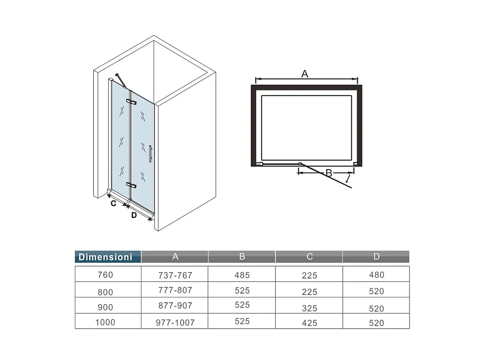 195 cm Porta Doccia per Nicchia Apertura Battente con Barra Stabilizzatrice Vetro 6 mm Temperato Trasparente Anticalcare Larga 80 cm