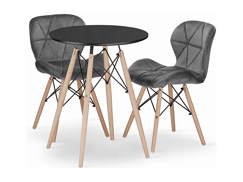 Ensemble Valora : table ronde KOVA 60 noire + 2 chaises WAKO grises (x2)