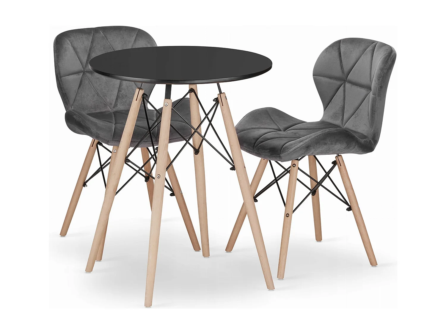 Ensemble Valora : table ronde KOVA 60 noire + 2 chaises WAKO grises (x2)