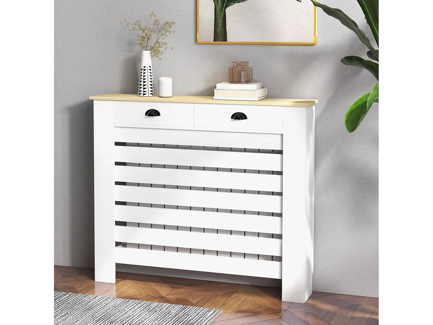 Cache-radiateur design panneau avec 2 tiroirs lattes horizontales dim. 111 x 19 x 95 cm effet bois clair blanc