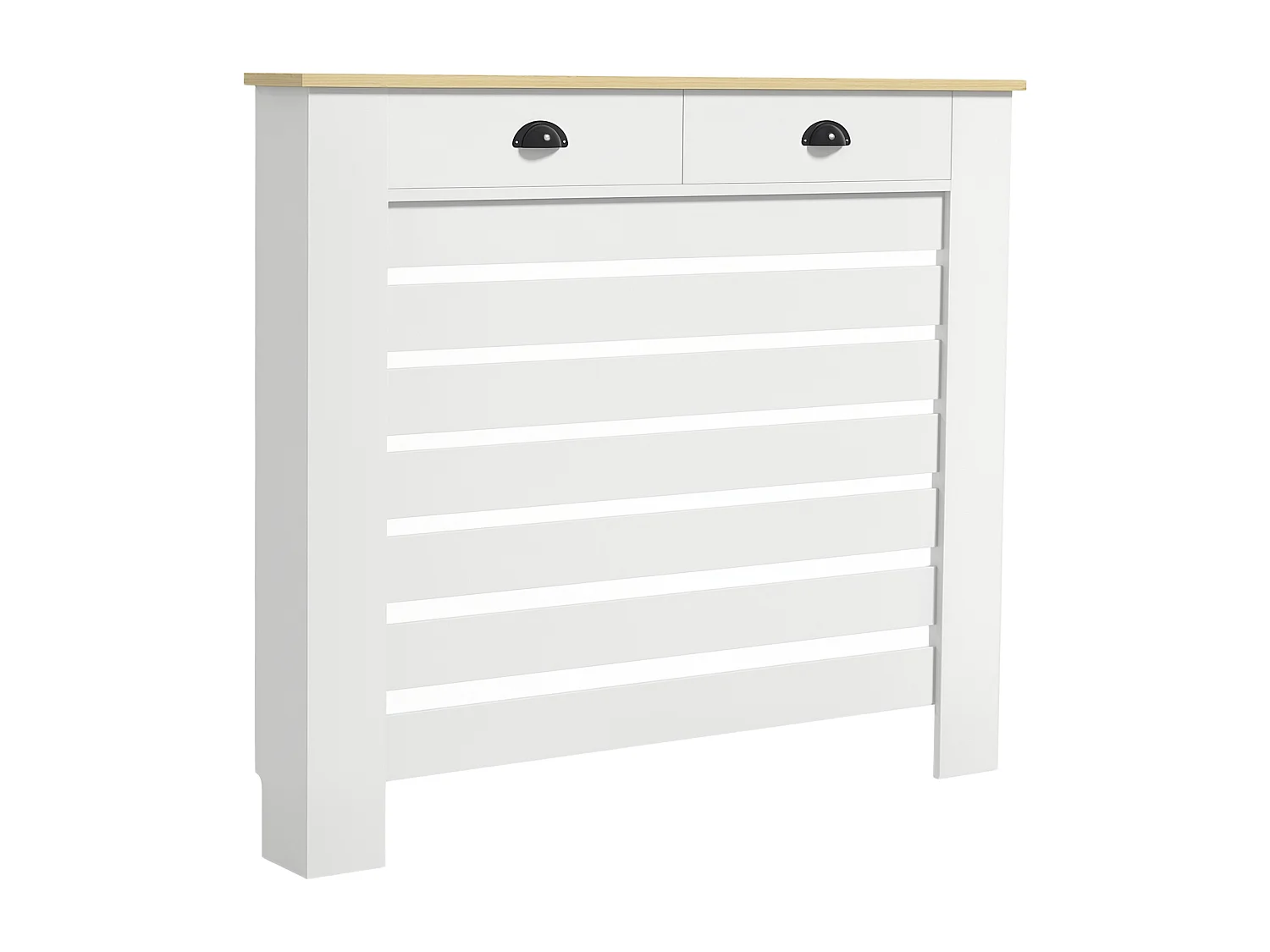 Cache-radiateur design panneau avec 2 tiroirs lattes horizontales dim. 111 x 19 x 95 cm effet bois clair blanc