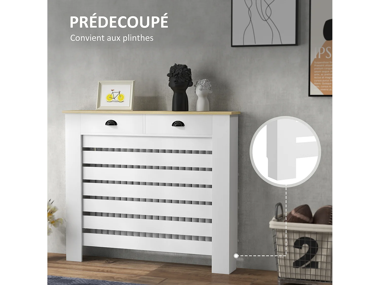 Cache-radiateur design panneau avec 2 tiroirs lattes horizontales dim. 111 x 19 x 95 cm effet bois clair blanc