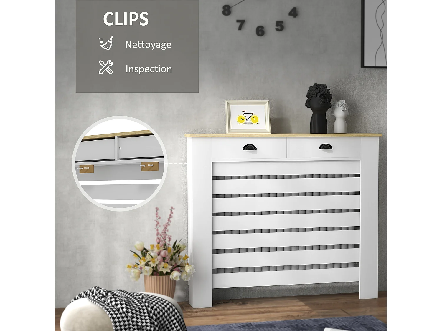 Cache-radiateur design panneau avec 2 tiroirs lattes horizontales dim. 111 x 19 x 95 cm effet bois clair blanc