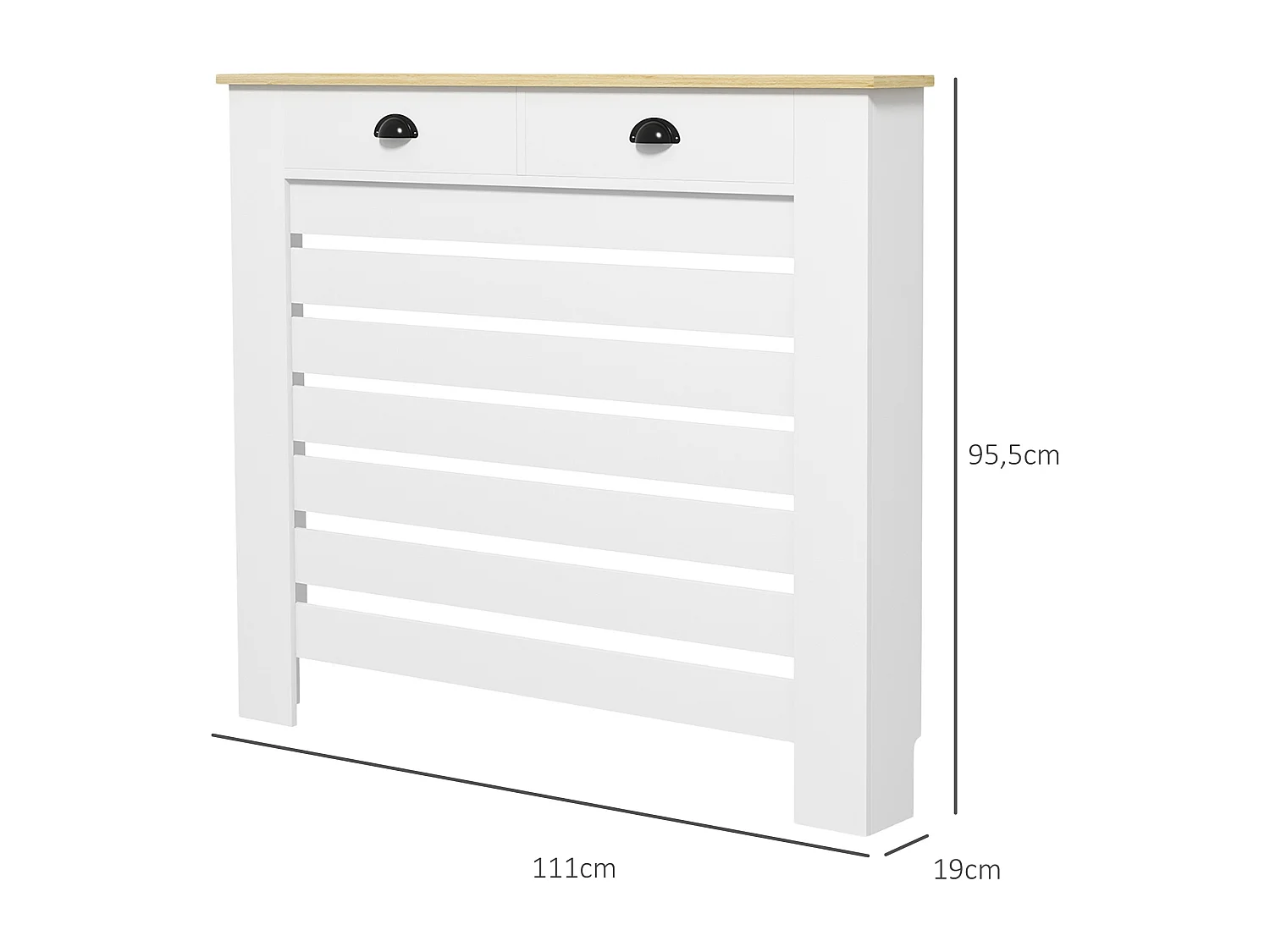Cache-radiateur design panneau avec 2 tiroirs lattes horizontales dim. 111 x 19 x 95 cm effet bois clair blanc