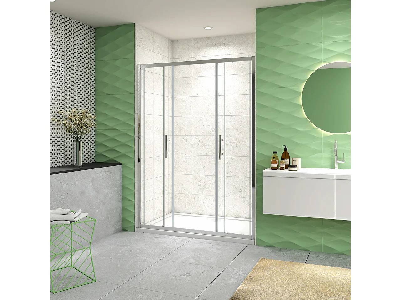 160x185 cm Porta Doccia Per Nicchia Doppie Ante Scorrevoli Ingresso Centrale In Vetro 5 mm Temperato Trasparente Profilo Cromo Lucido