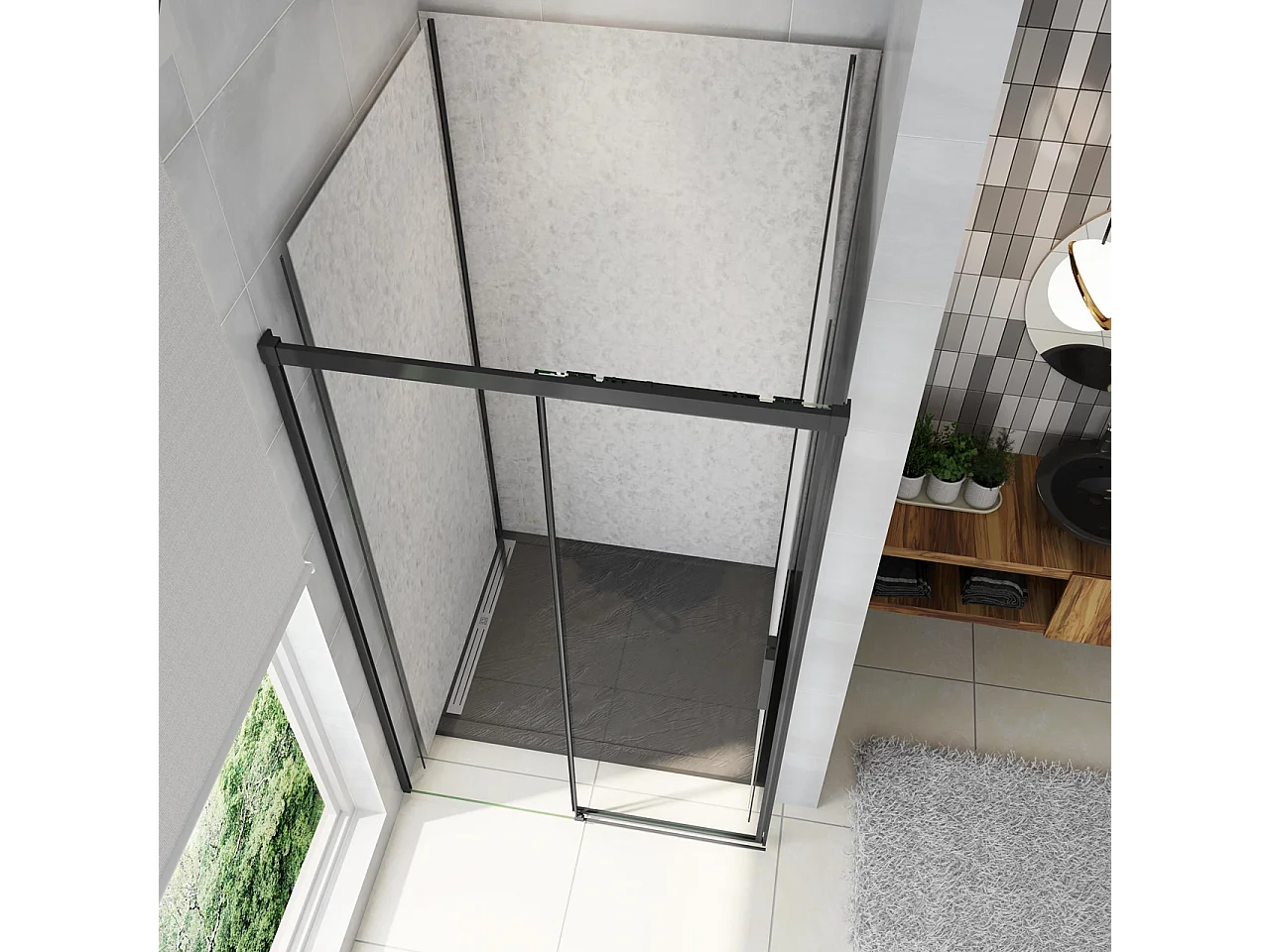 130x195 cm Box Doccia Per Nicchia Porta Scorrevole in Vetro 8 mm Temperato Trasparente Anticalcare Profilo Nero Opaco Softclose