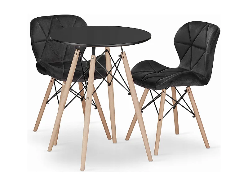 Ensemble Valora : table ronde KOVA 60 noire + 2 chaises WAKO noires (x2)
