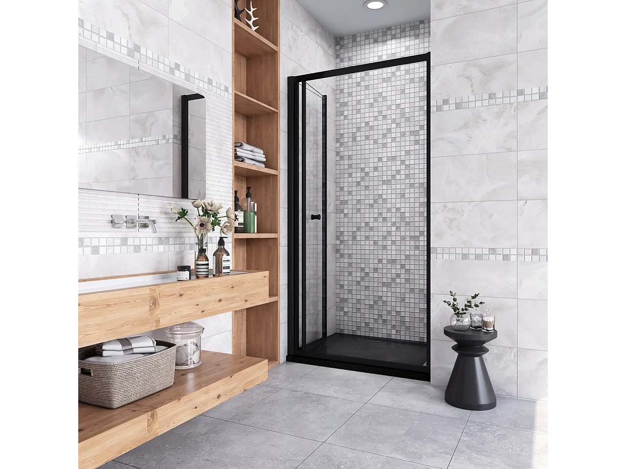 185 cm Box Doccia per Nicchia Porta a Soffietto Vetro Temperato 5 mm Trasparente  Profilo Nero Opaco 100 cm