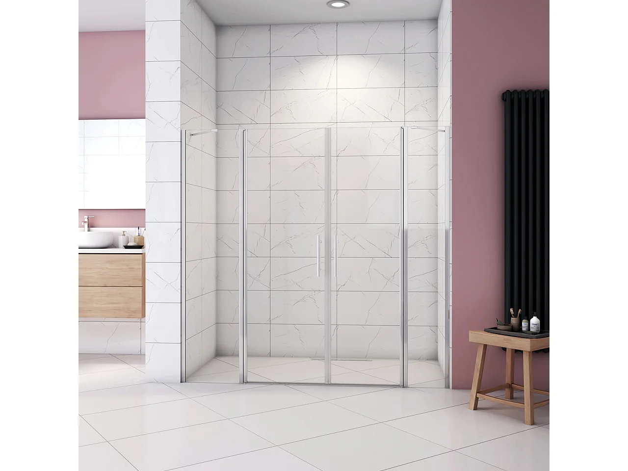 Box Doccia per Nicchia 195cm Doppia Porta Battente Saloon da 185cm (1820-1860mm) 2 Pannelli Fissi con Barra Stabilizzatrice Vetro 6 mm Anticalcare