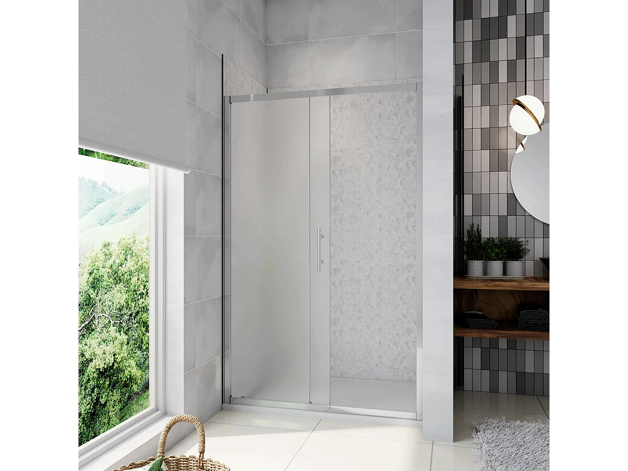 100x185 cm Porta Doccia Per Nicchia Anta Scorrevole Ingresso Laterale In Vetro Temperato 5mm Satinato Opaco