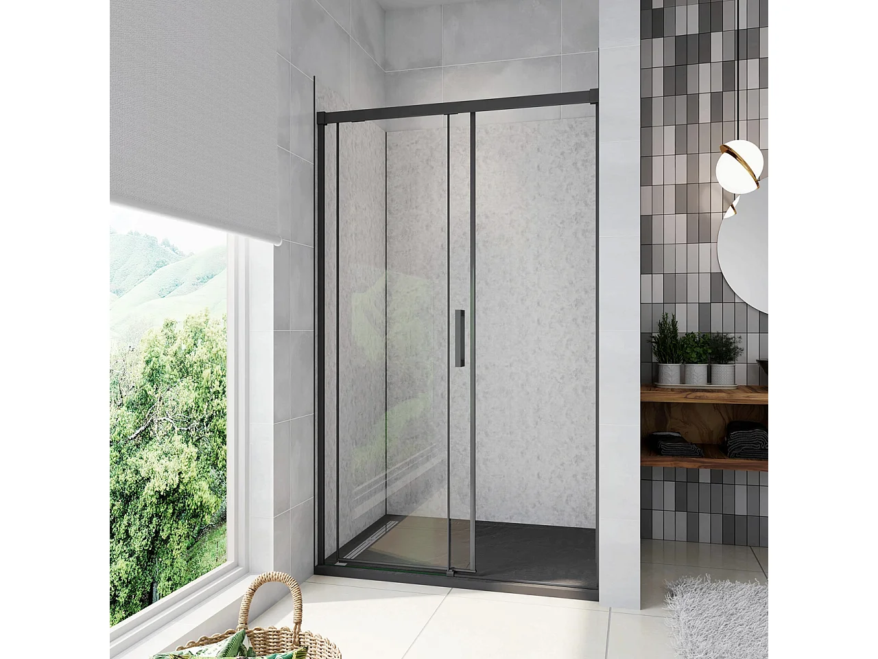 140x195 cm Box Doccia Per Nicchia Porta Scorrevole in Vetro 8 mm Temperato Trasparente Anticalcare Profilo Nero Opaco Softclose