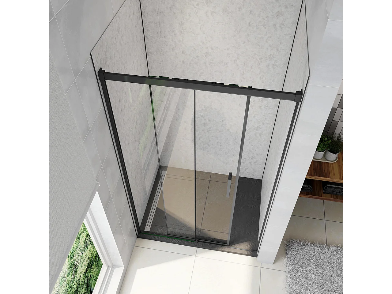 140x195 cm Box Doccia Per Nicchia Porta Scorrevole in Vetro 8 mm Temperato Trasparente Anticalcare Profilo Nero Opaco Softclose