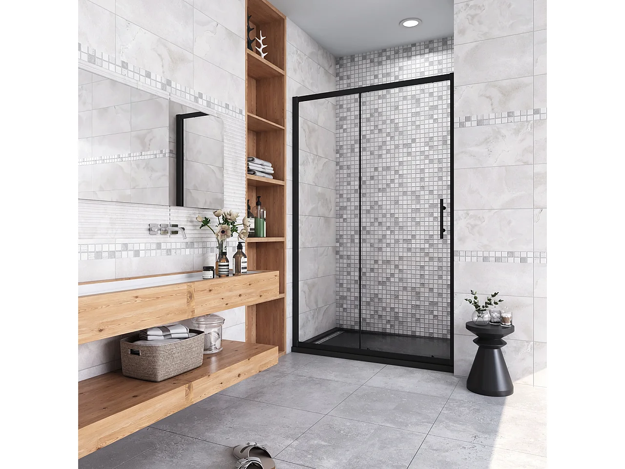 100x185 cm Box Doccia Per Nicchia Porta Scorrevole Ingresso Laterale in Vetro 5 mm Temperato Trasparente Profilo Nero Opaco