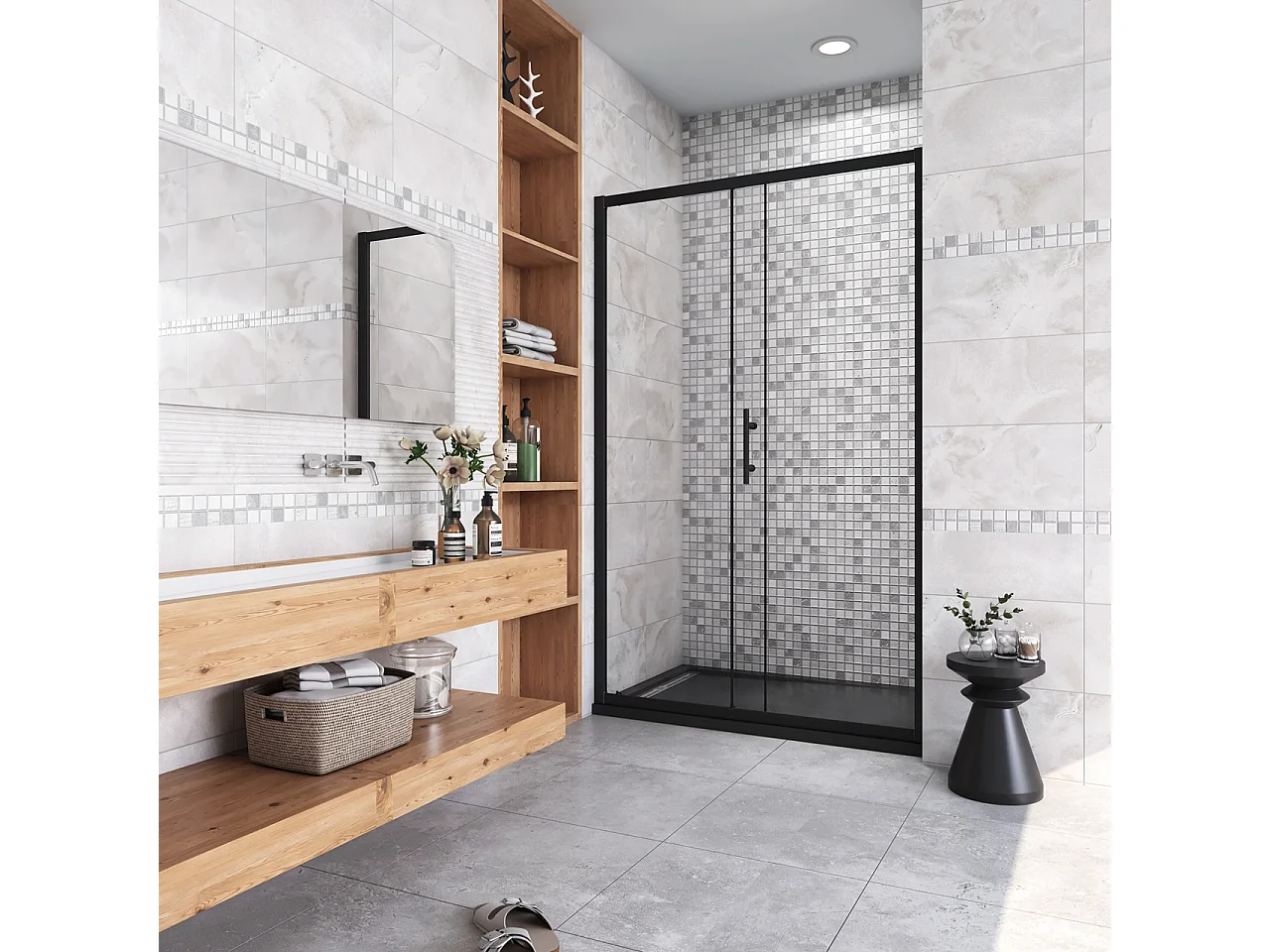 100x185 cm Box Doccia Per Nicchia Porta Scorrevole Ingresso Laterale in Vetro 5 mm Temperato Trasparente Profilo Nero Opaco