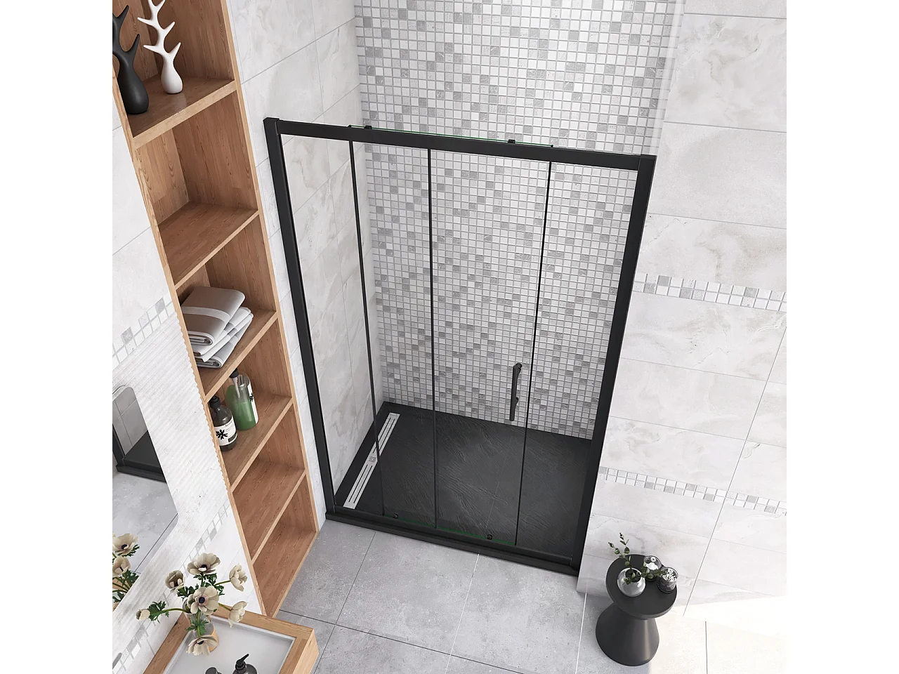 100x185 cm Box Doccia Per Nicchia Porta Scorrevole Ingresso Laterale in Vetro 5 mm Temperato Trasparente Profilo Nero Opaco