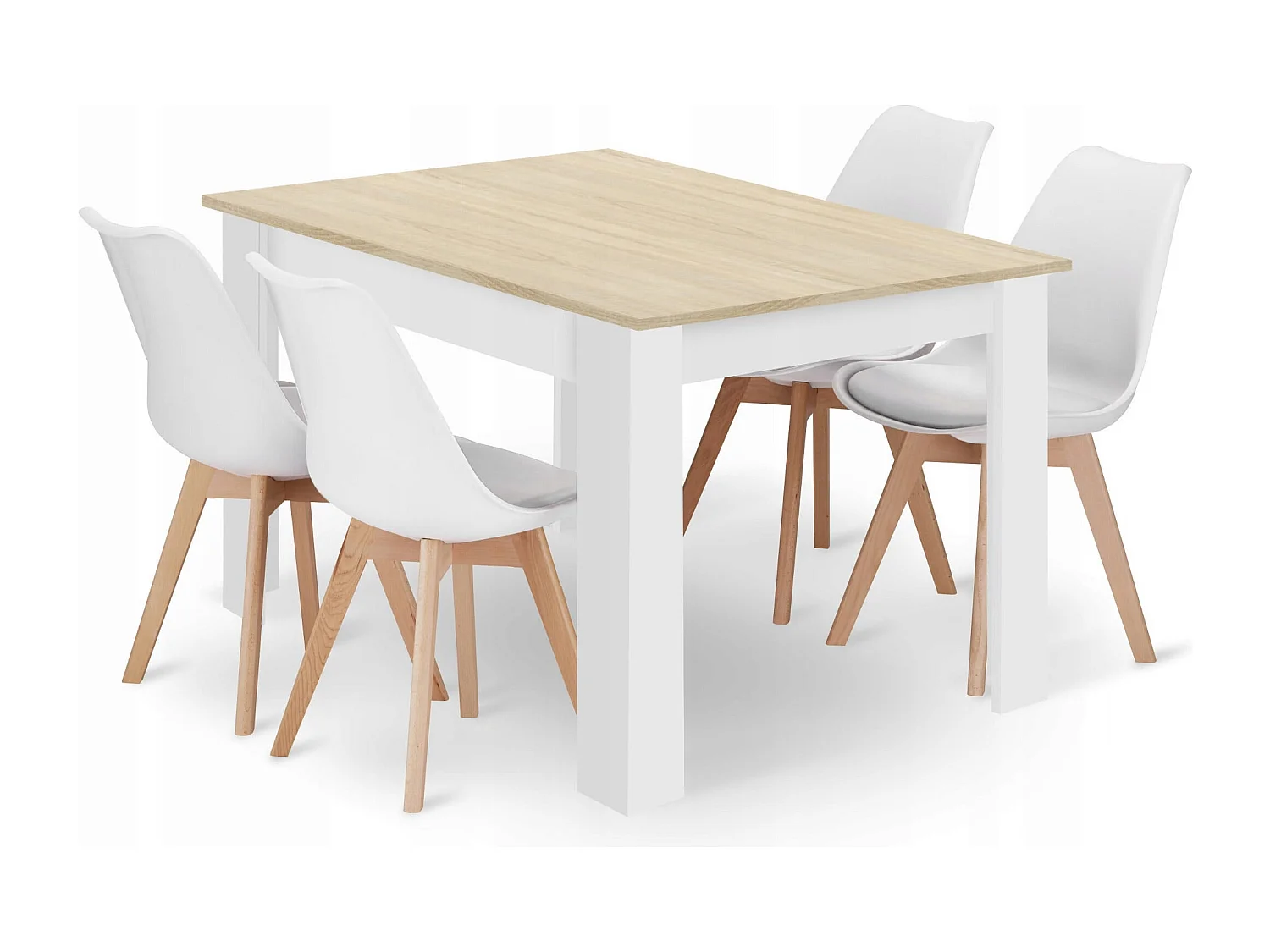 Ensemble table rectangulaire Valora 120x80 en chêne Sonoma + 4 chaises blanches RIKX