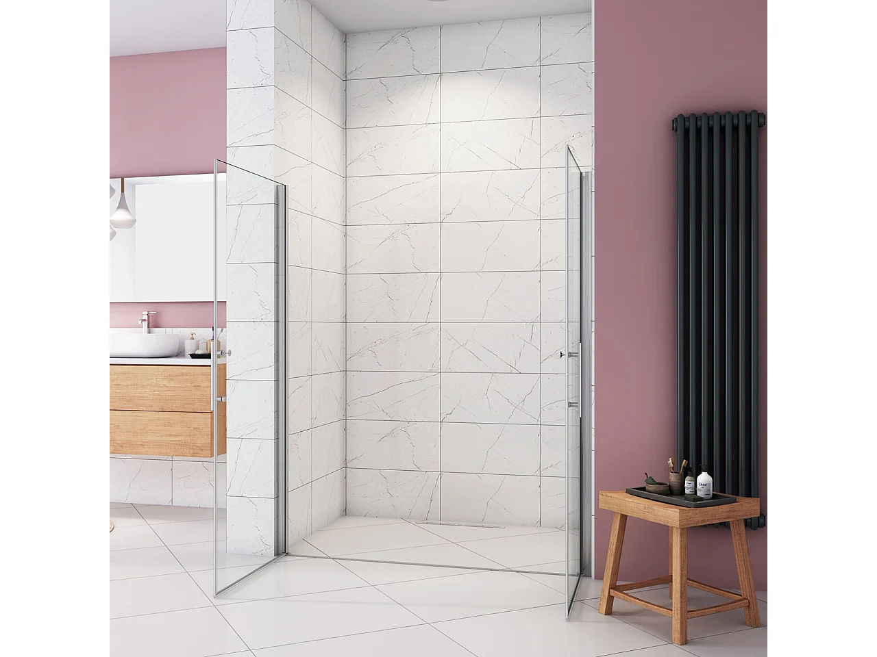 Box Doccia per Nicchia 195 cm Doppia Porta Battente Saloon Vetro Temperato 6 mm Anticalcare Larga 140 cm(70+76: 1378-1418 mm)