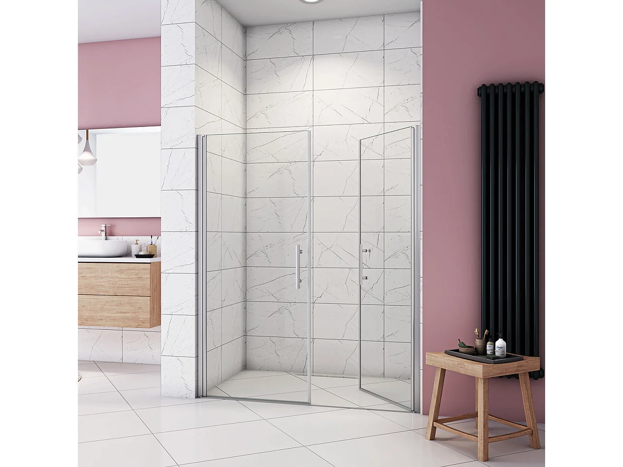 Box Doccia per Nicchia 195 cm Doppia Porta Battente Saloon Vetro Temperato 6 mm Anticalcare Larga 140 cm(70+76: 1378-1418 mm)