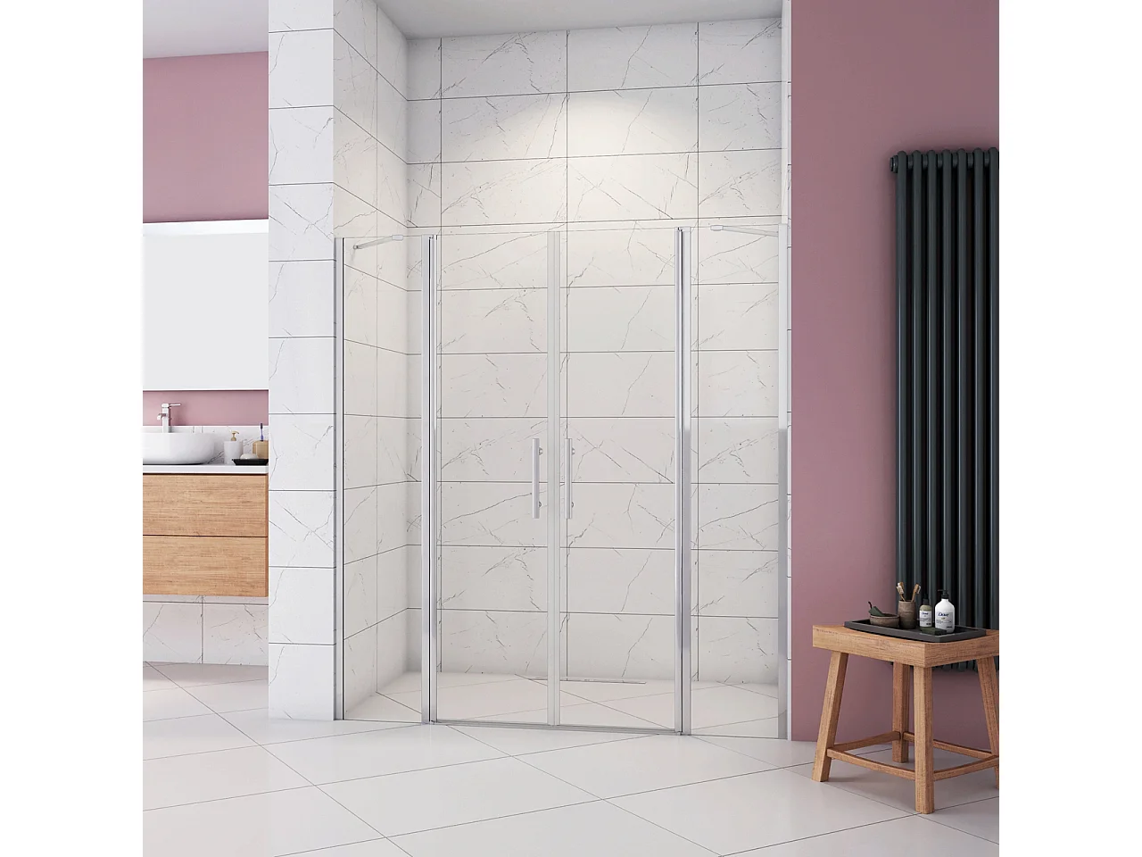 Box Doccia per Nicchia 195cm Doppia Porta Battente Saloon da 195cm (1920-1960mm) 2 Pannelli Fissi con Barra Stabilizzatrice Vetro 6 mm Anticalcare