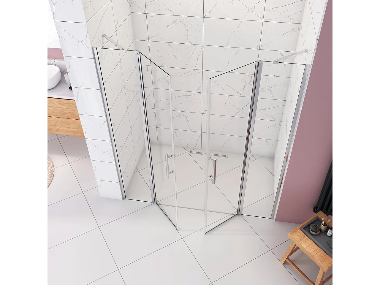 Box Doccia per Nicchia 195cm Doppia Porta Battente Saloon da 195cm (1920-1960mm) 2 Pannelli Fissi con Barra Stabilizzatrice Vetro 6 mm Anticalcare