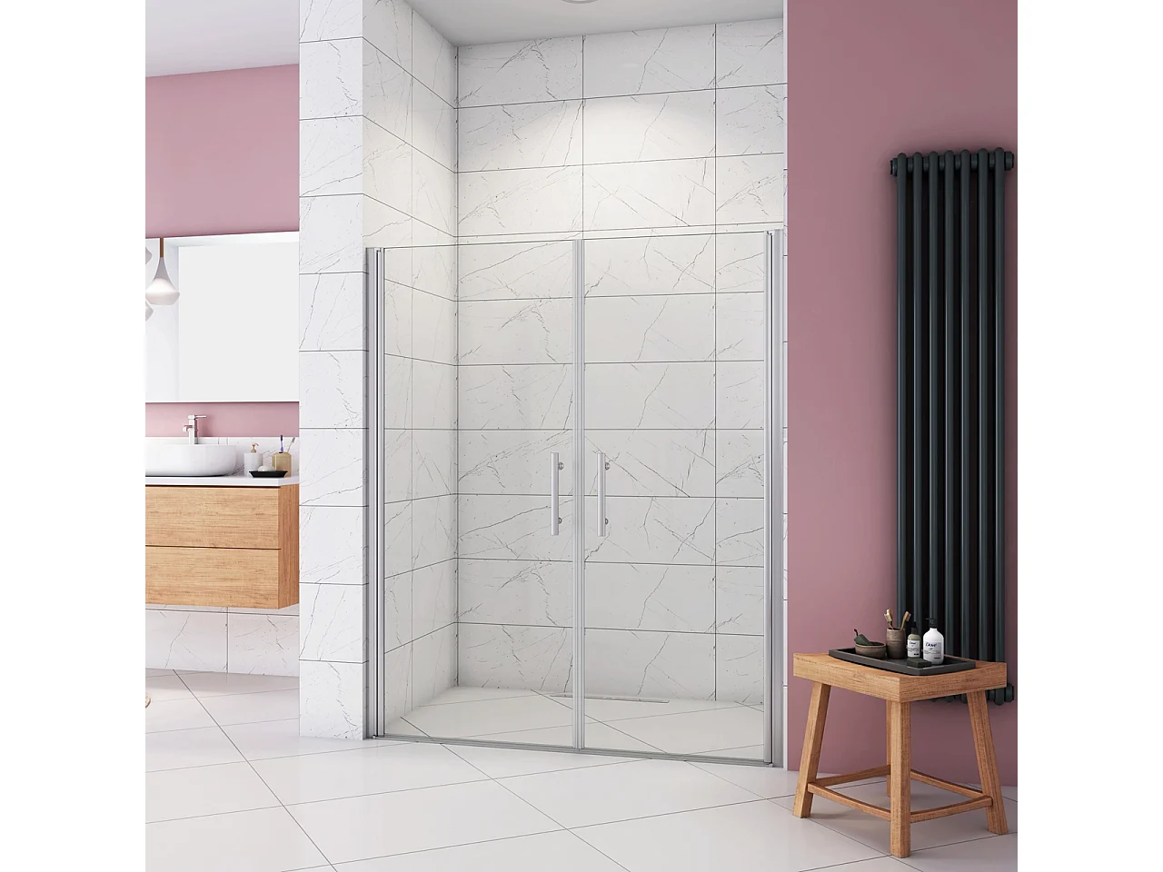 Box Doccia per Nicchia 185 cm Doppia Porta Battente Saloon Vetro Temperato 6 mm Anticalcare Larga 155 cm(70+90: 1518-1558 mm)