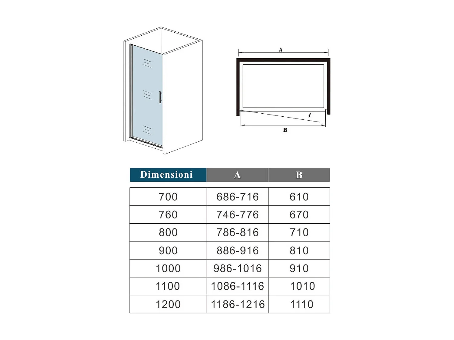 185 cm Box Doccia Per Nicchia Porta Battente Larga 70 cm in Vetro 6 mm Temperato Trasparente Anticalcare Telaio Cromo Lucido