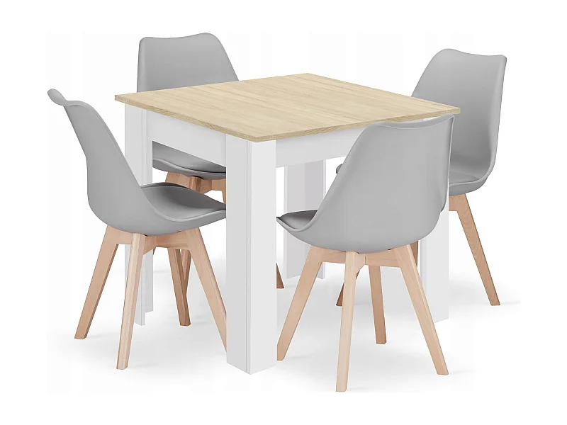 Ensemble Valora : table carrée 80x80 cm, chêne Sonoma + 4 chaises RIKX grises