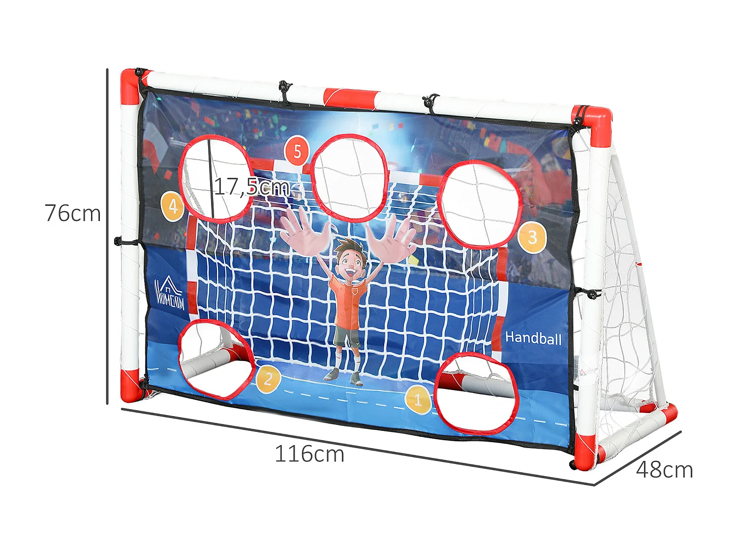Cage de handball enfant 5 zones cibles - balle, pompe, piquets inclus - blanc rouge