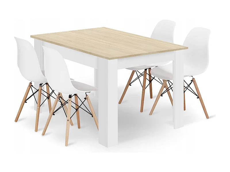 Ensemble table rectangulaire Valora 120x80 en chêne Sonoma + 4 chaises blanches OSAKA
