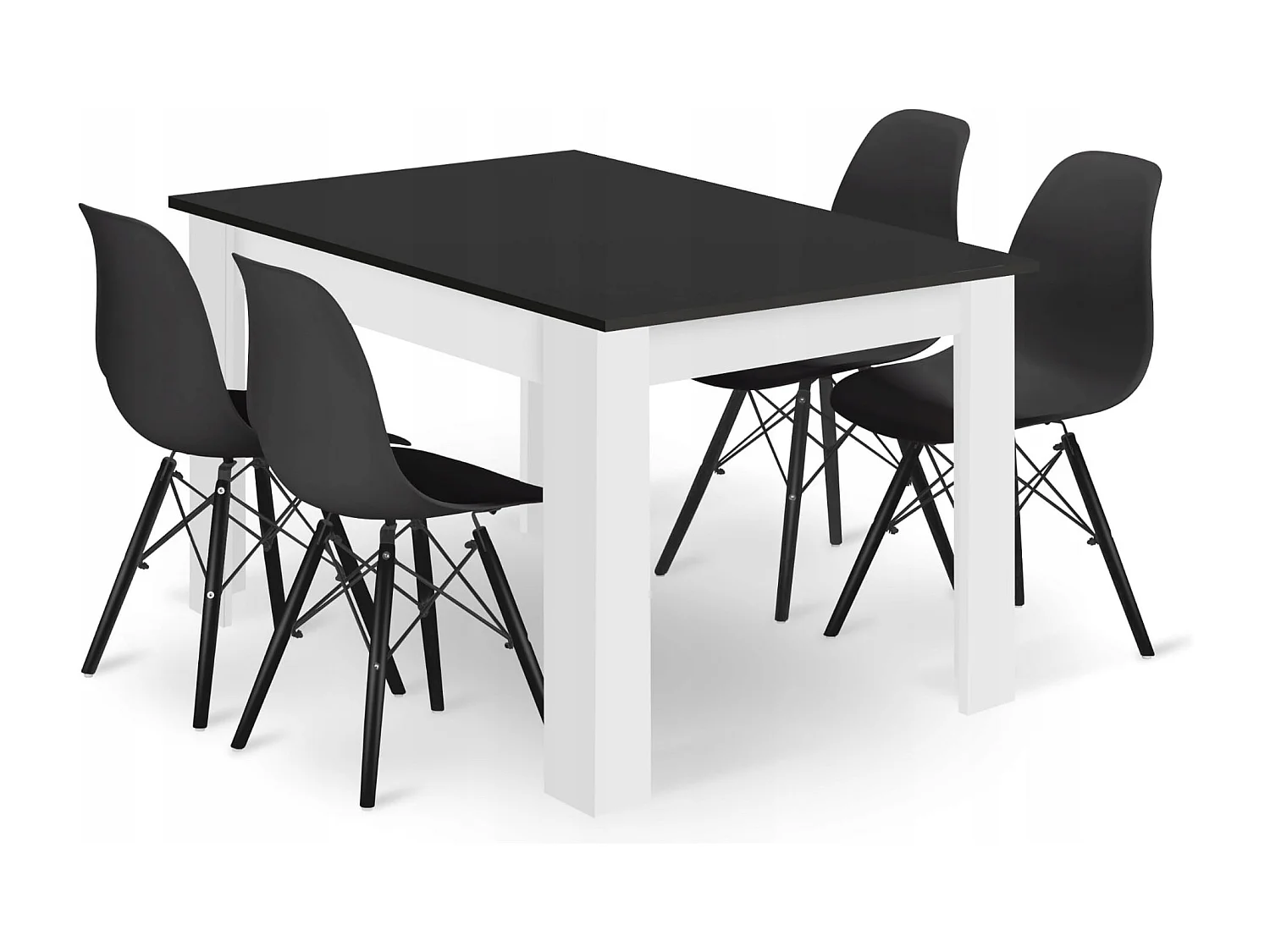 Ensemble Valora : table rectangulaire 120 x 80 cm, noir et blanc + 4 chaises noires