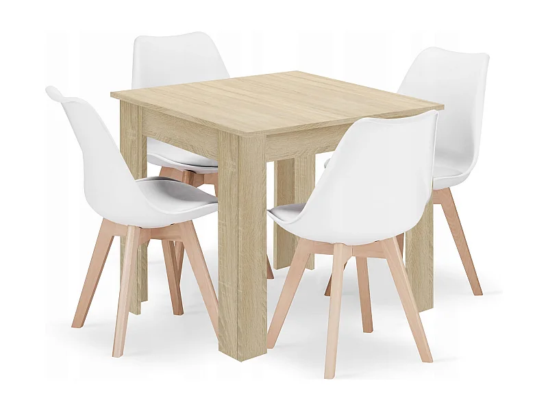 Ensemble Valora : table carrée 80x80 cm, chêne Sonoma + 4 chaises blanches RIKX