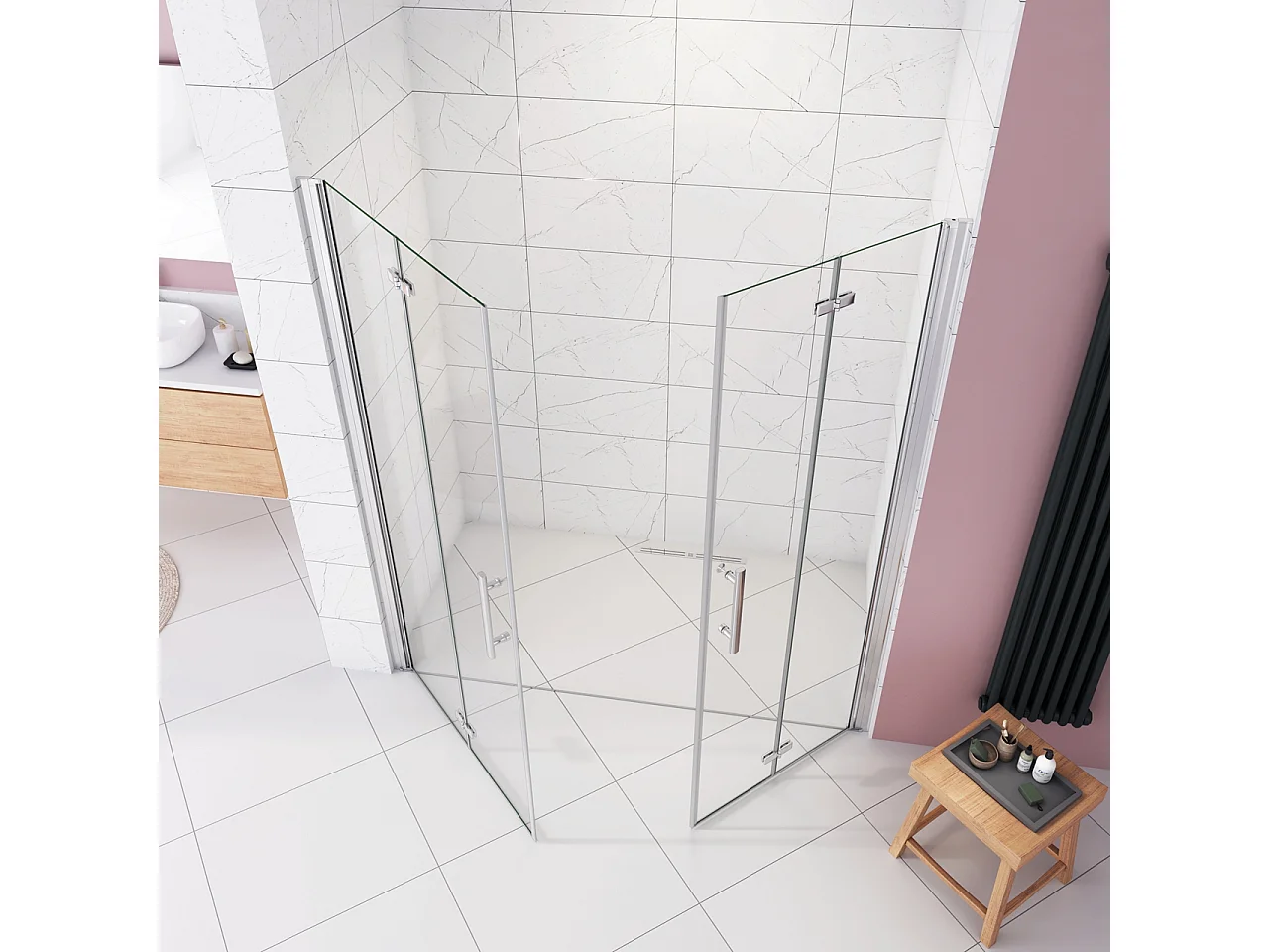 Box Doccia in Linea per Nicchia 185 cm Doppia Porta Battente 4 Ante Pieghevoli Saloon Vetro Temperato 6 mm Anticalcare 155 cm (1518-1558 mm)