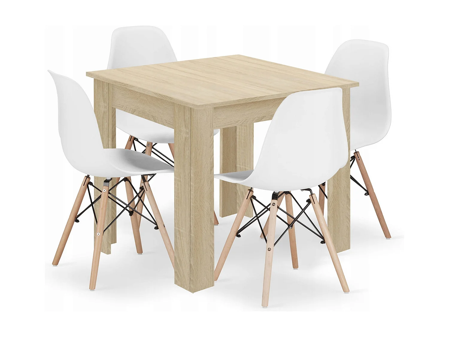 Ensemble Valora : table carrée 80x80 cm, chêne Sonoma + 4 chaises blanches Osaka