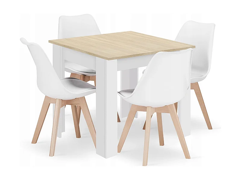 Ensemble Valora : table carrée 80 x 80 cm, chêne Sonoma + 4 chaises RIKX blanches (x4)